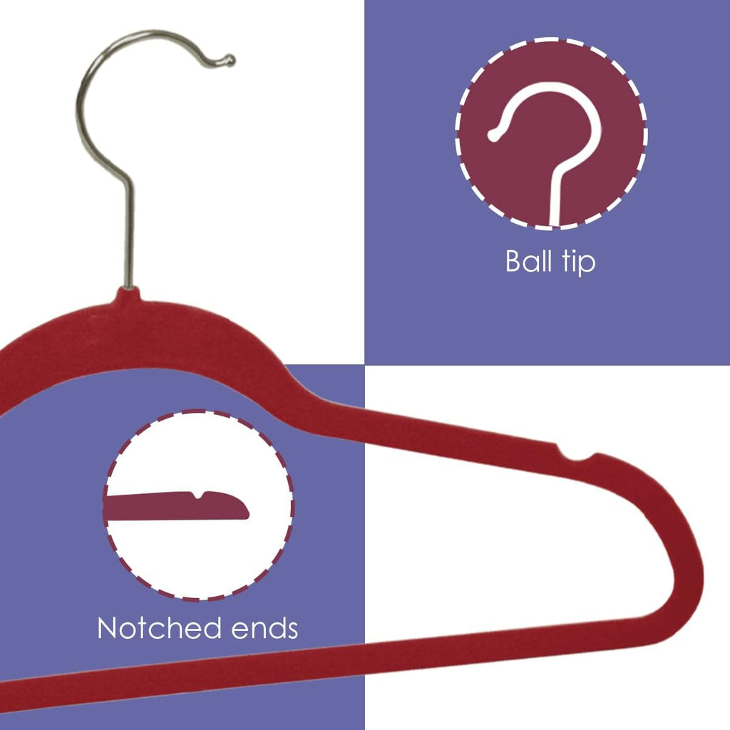 Velvet Clothes Hangers (Pack of 10), Burgundy, By Home Basics | Felt Hangers for Tops, Jackets, Dresses, and Pants | Contoured Hangers with Indents | Ultra-Thin Space Saving Clothes Hangers
