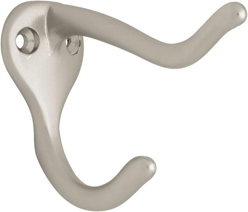 Franklin Brass Heavy Duty (1-Pack) Coat and Hat Wall Hooks Double Hooks for Mounted Hanging Matte Nickel Wall Mount Hanger Backpack, Purse, Bag, Towel Organization Decorative Wall Hooks B59303G-SN-C