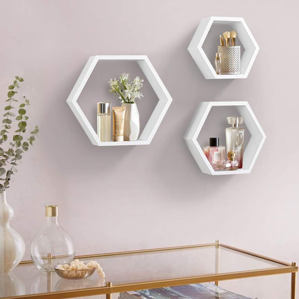 AHDECOR Hexagon Floating Shelves Set of 3, White Engineered Wood Wall Mounted Display Shelves, Modern Honeycomb Wall Decor for Living Room, Bedroom, Bathroom, Entryway, Office & Kitchen