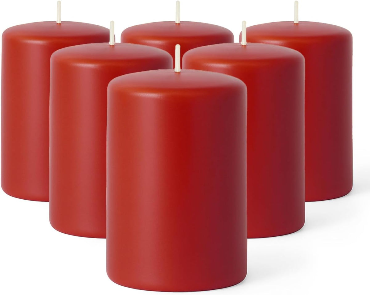 Biedermann & Sons Cranberry Red Pillar Candles (6 Pack), 4 Inch Tall 3 Inch Wide Round, Unscented Paraffin Wax, Approx 40 to 45 Hour Burn, Dripless Decorative Candles for Home and Events