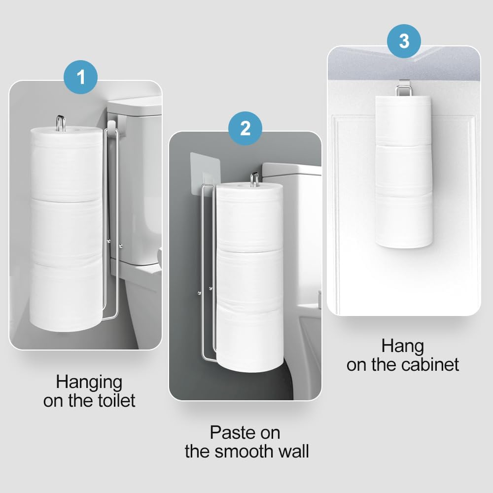 Silver Extra Toilet Paper Storage for 3 Roll Tissue Over The Tank Toilet Paper Roll Holder Stainless Steel Adhesive Hanging Toilets Tissue Holder Wall Mounted for Bathroom RV Camper(2 Pack)