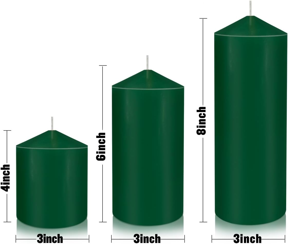 Pillar Candles 3 x 4, 6, and 8 inches, Large Handmade Candles Set of 3, Green Decorative Candles for Wedding, Home Decoration, Dinner, Church