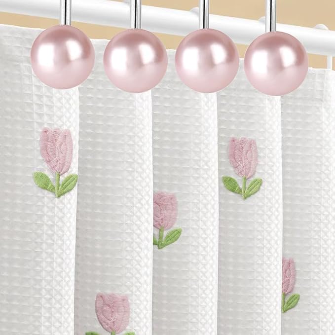 Pearl Shower Curtain Hooks, 12PCS Stainless Steel Anti Rust Artifical Pearl Decorative Shower Curtain Hooks Cute Theme Shower Curtain Hooks for Bathroom Bedroom Room Decor (Pink)