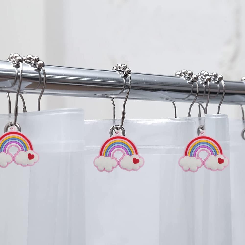 Decorative Rainbow Shower Curtain Hooks for Kids Bathroom - Rust-Proof Metal Stainless Steel Curtain Rings Set of 12 Fairy Fantasy Resin Rainbow Cloud Heart Kids Dormitory Bathroom Decor