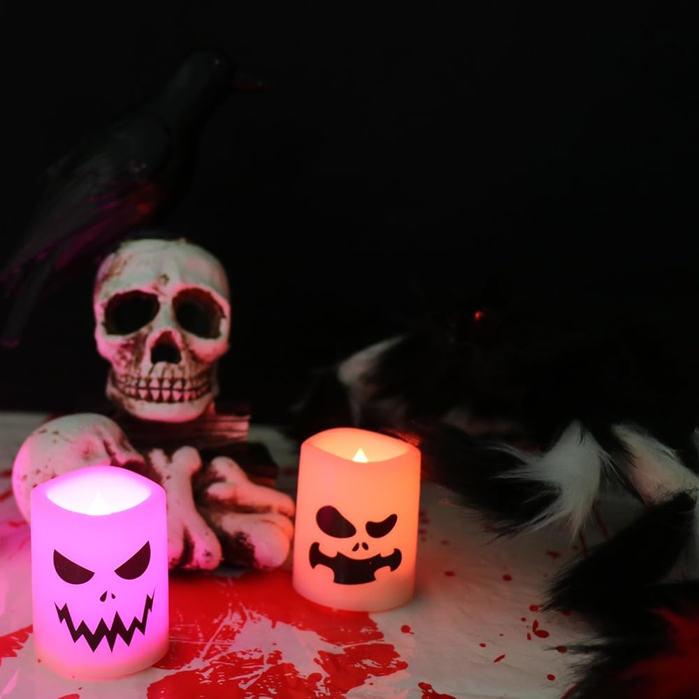 GenSwin Halloween Flameless Candles Color Changing with Remote Timer, Halloween Decorations Ghost Face Battery Operated Tealight Candles, Colorful LED Votive Candles for Home Decor(12 Pack, 1.5” x 2”)