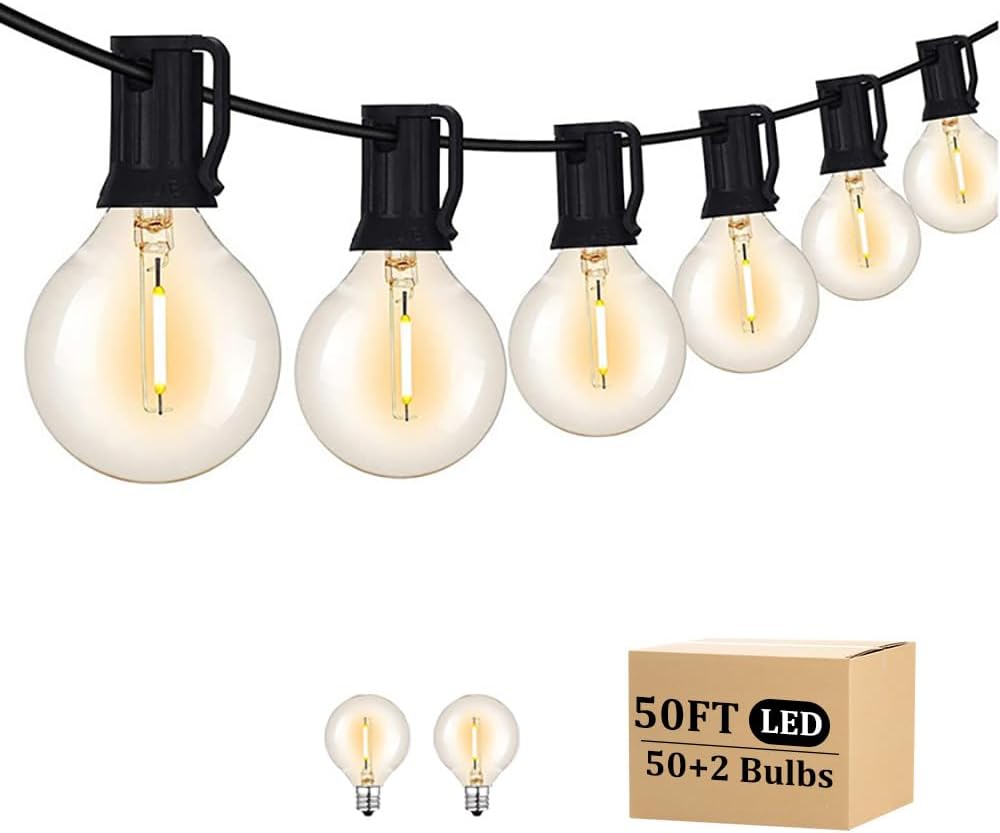 Outdoor String Light 50FT Patio Black with 52 Shatterproof G40 LED Clear Globe Bulbs for Indoor/Outdoor, Connectable Hanging Lights for Backyard Balcony Party Decor
