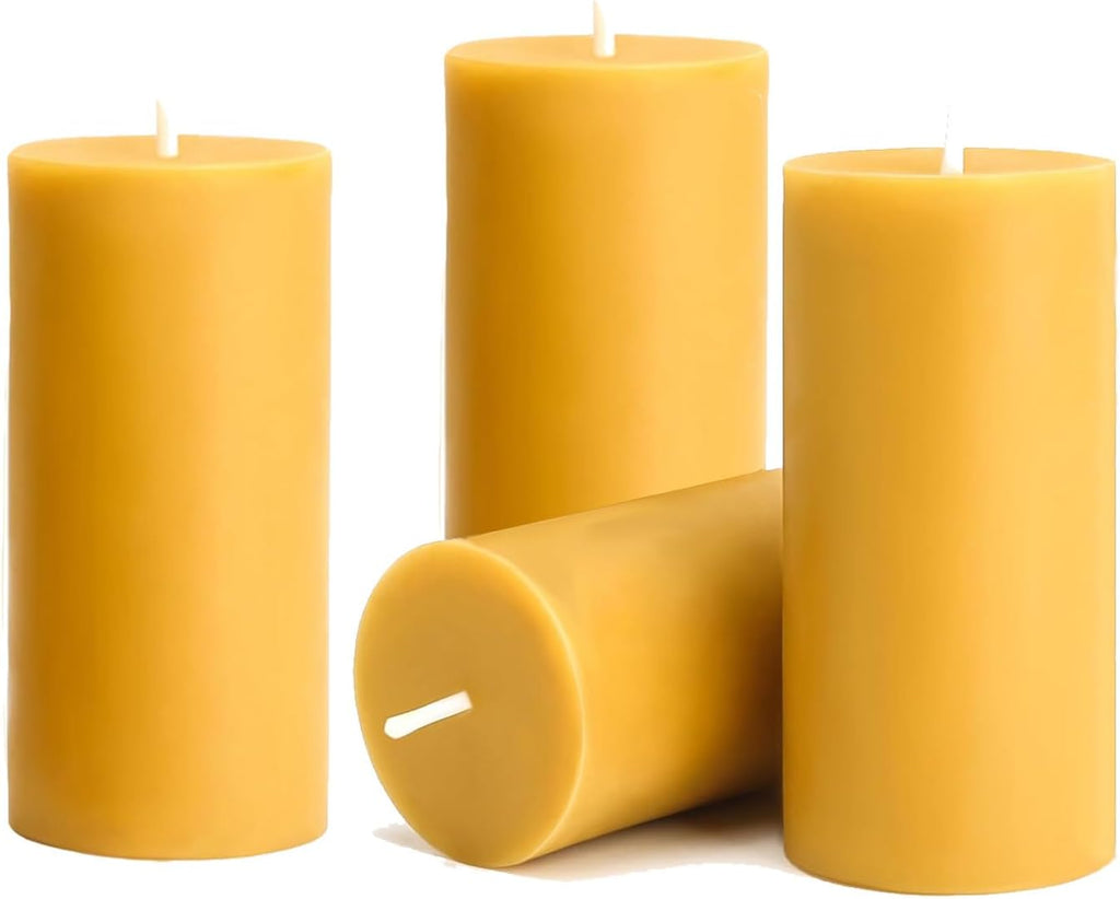 Natural Beeswax Pillar Candles 4 Packs, Non Toxic Beeswax Candles-140 Hours Long Burning, Organic Emergency Bees Wax Candles for Home, Paryer, Parties, Unscented Dripless Smokeless Candles, 2x4in