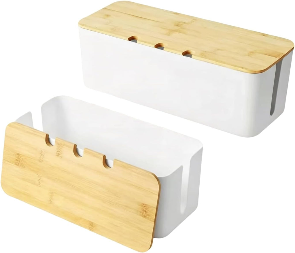 2Pack Cable Management Box,Wooden Style Cord Organizer Cord Hide Box,White