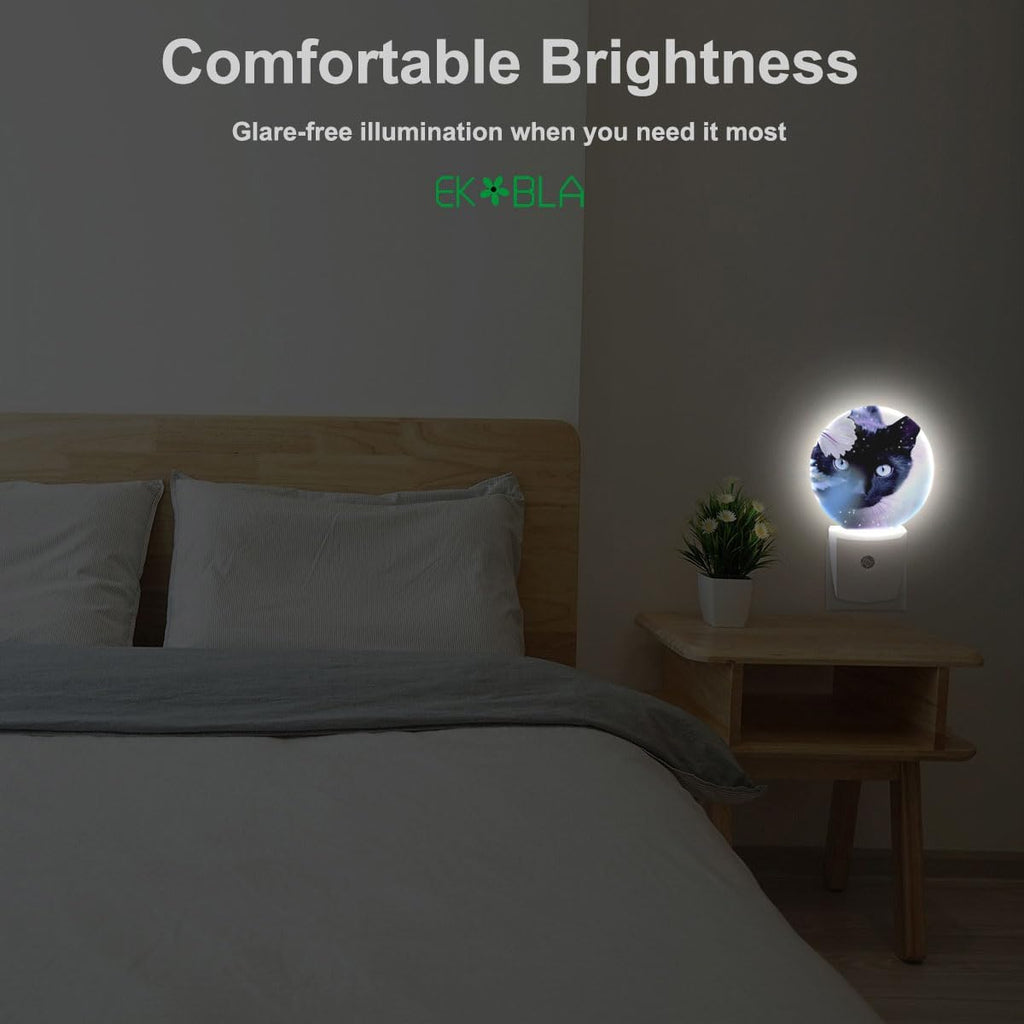 EKOBLA Cat and White Flower Night Light, Plug in Wall Light with Sensor