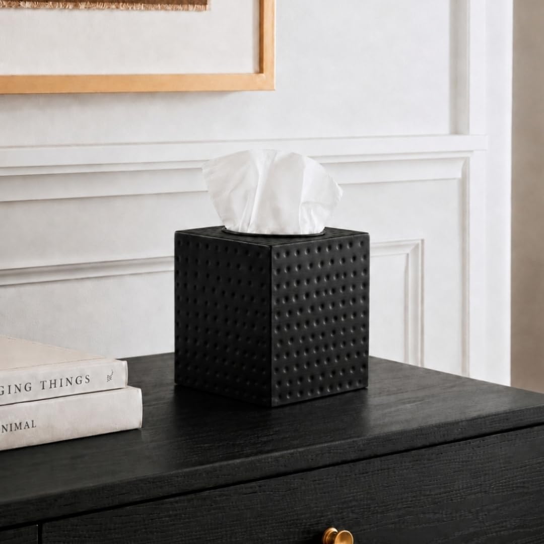 Monarch Abode Tissue Box Cover Square – Hand Hammered Black Metal Tissue Holder Box for Bathroom Accessory, Aesthetic Decorative Facial Napkin Cube for Modern Home Decor