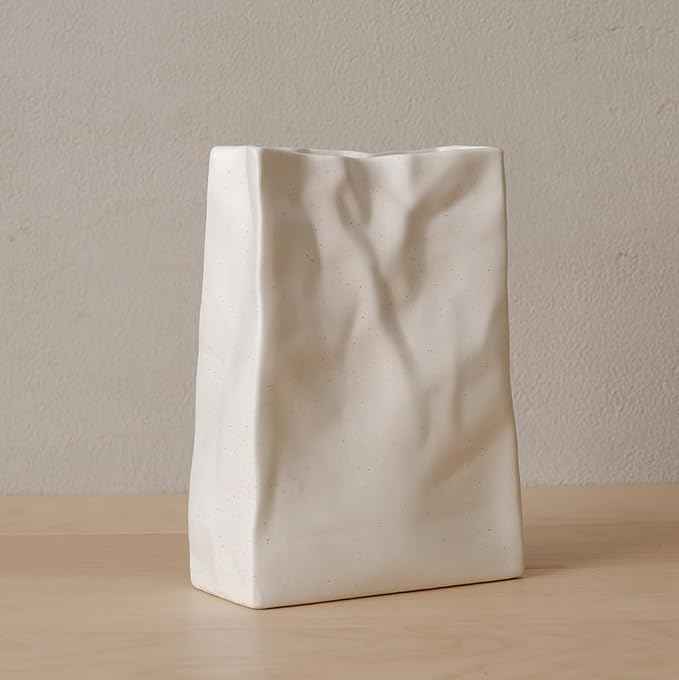 WENSHUO Flower Vase, Ceramic Crinkle Paper Bag Vase, 7.87 x 5.7 in, White