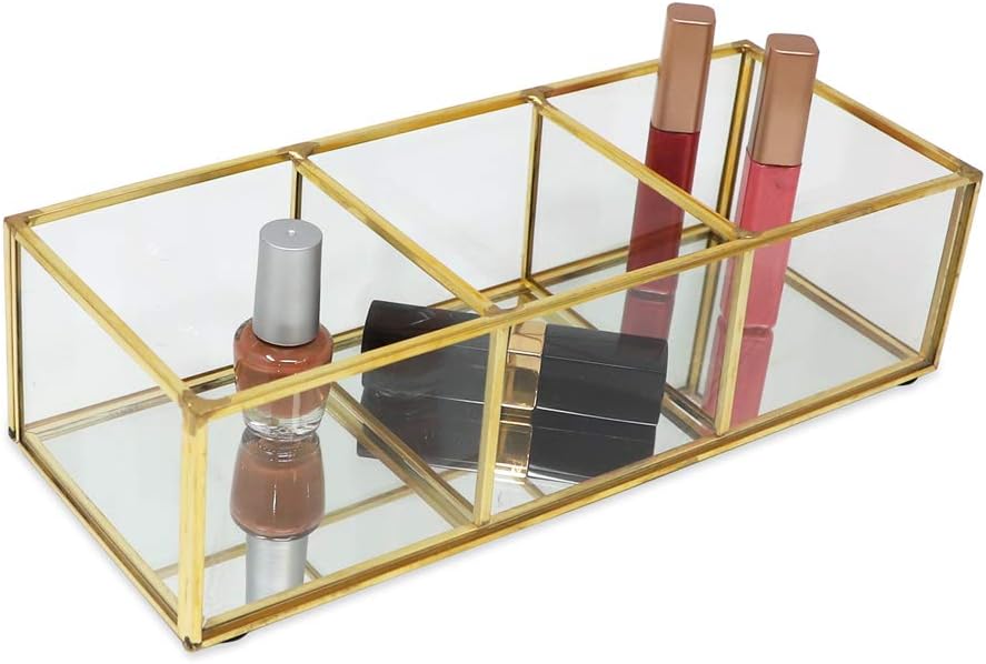 Isaac Jacobs 3-Compartment Brass and Glass Organizer 9.1"L x 3.6"W x 2.6"H