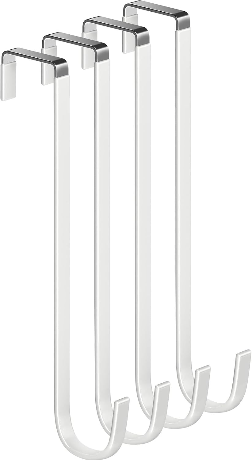 Single Long Over Door Steel Hooks 4 Pack Fit 1-3/8" Door 10" White