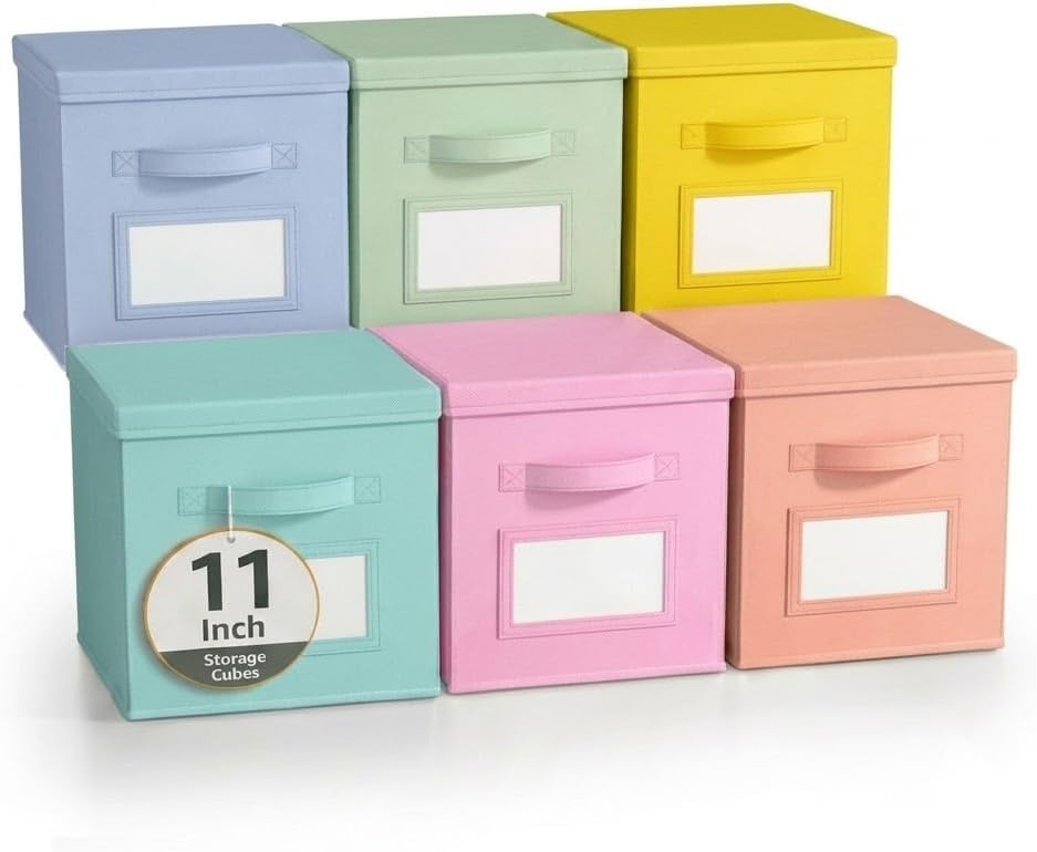SUREMAX 11 Inch Cube Storage Organizer Bins with Lids, Labels, 6-Packs