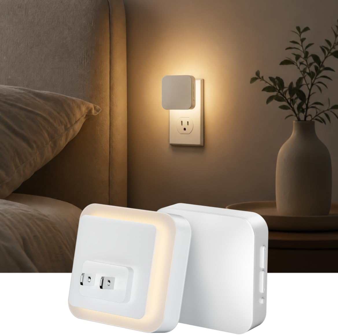 BN-LINK Backlit Motion Sensor Night Light Plug into Wall, 1-50 Lm Dimmable Night Light with Dusk to Dawn Sensor, Led Night Light Indoor, Warm White, for Bathroom, Hallway, Stair, Bedroom, 2 Pack