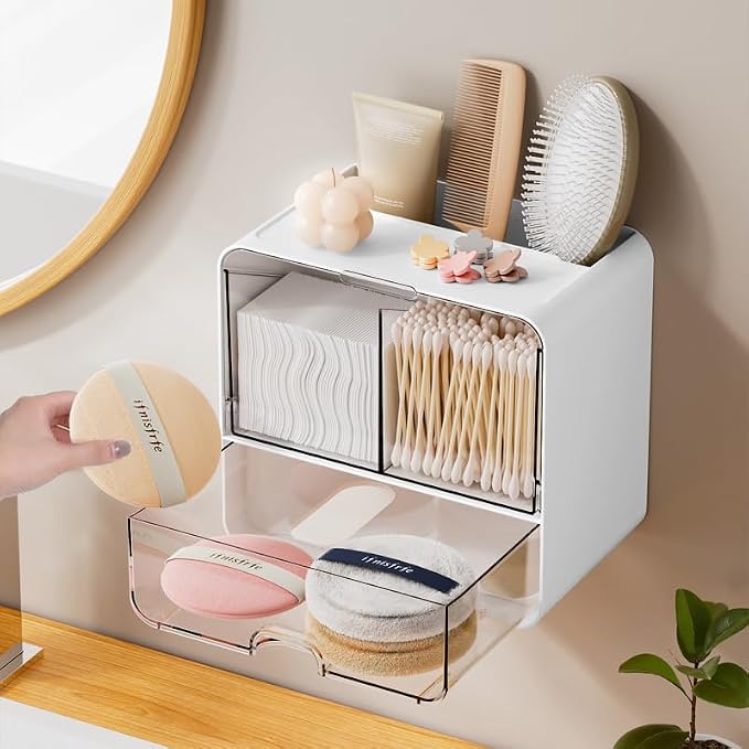 Qtip Holder for Bathroom Container, Wall Mounted & Countertop Cotton Swab Organizer with Drawer, Dustproof Storage for Cotton Balls, Cotton Pads, Tampons, Makeup Brushes & Hair Accessories for Vanity