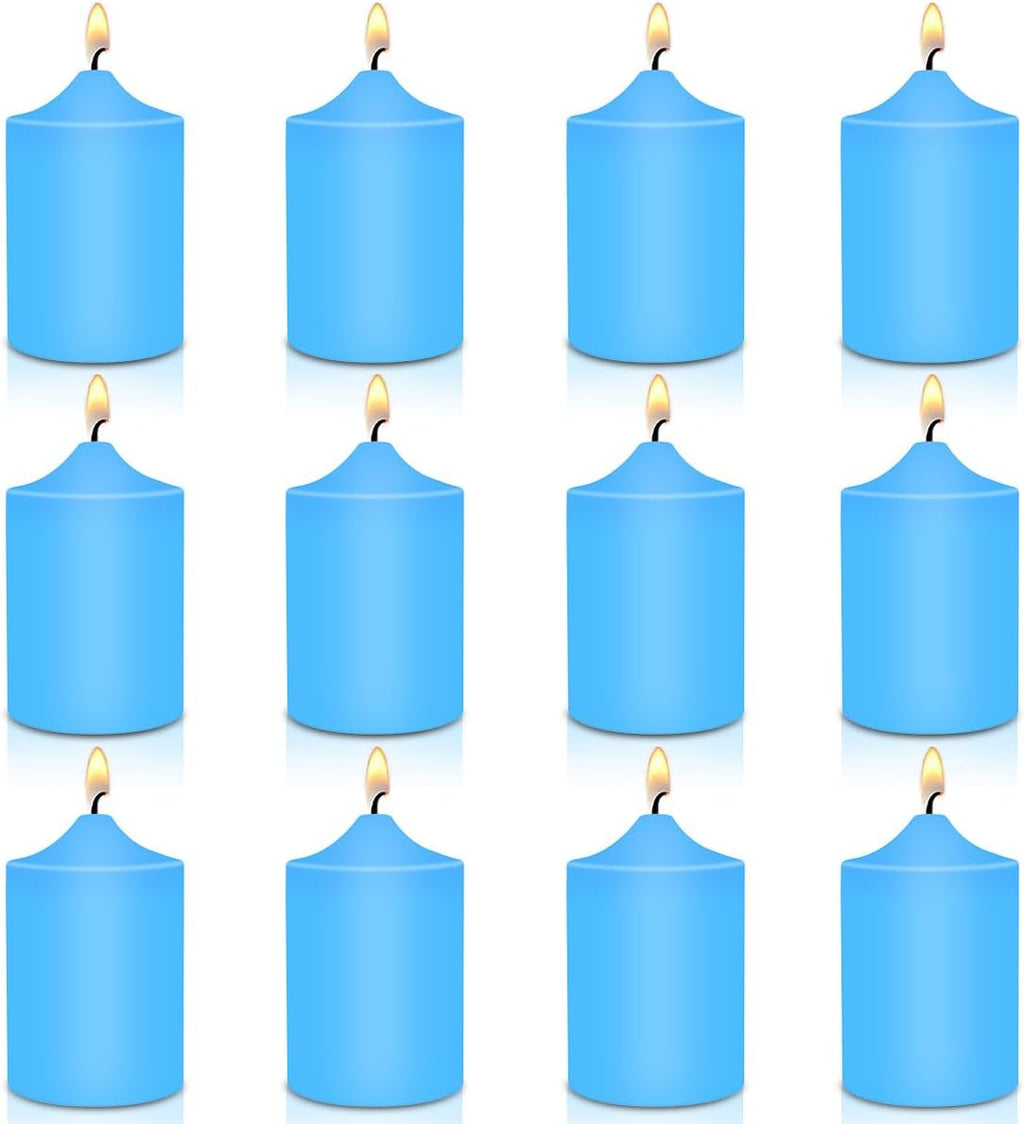 12 Pack 2x3 Hand Poured Dripless Pillar Candles, Soy Candles, Non-Toxic, Unscented, Smokeless, for Power Outages & Emergency (Blue)