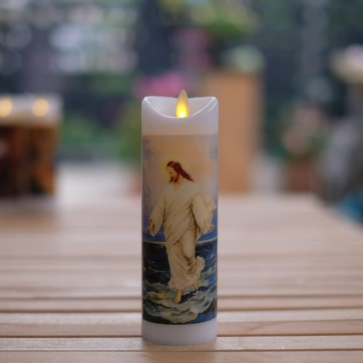NONNO & ZGF Moving Wick Jesus Flameless Prayer Candle, Real Wax, God Devotion Bright Flickering Candles with Remote Timer Function, Battery Operated
