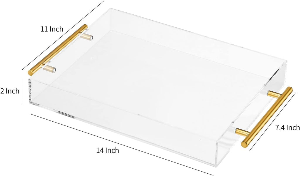 Clear Acrylic Lucite Serving Tray with Metal Handles,No Need to Assemble,11x14 Inch,Decorative Storage Organizer with Spill-Proof Design,Serving for Coffee,Breakfast,Dinner and More