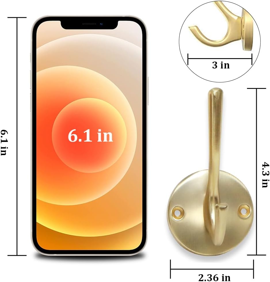 Coat Hooks for Hanging Coat Hooks for Wall Mounted Brass Wall Hooks Heavy Duty Brushed Robe Closet Hooks for Hanging Coats Entryway Metal Towel Hooks for Bathrooms (8, Gold)