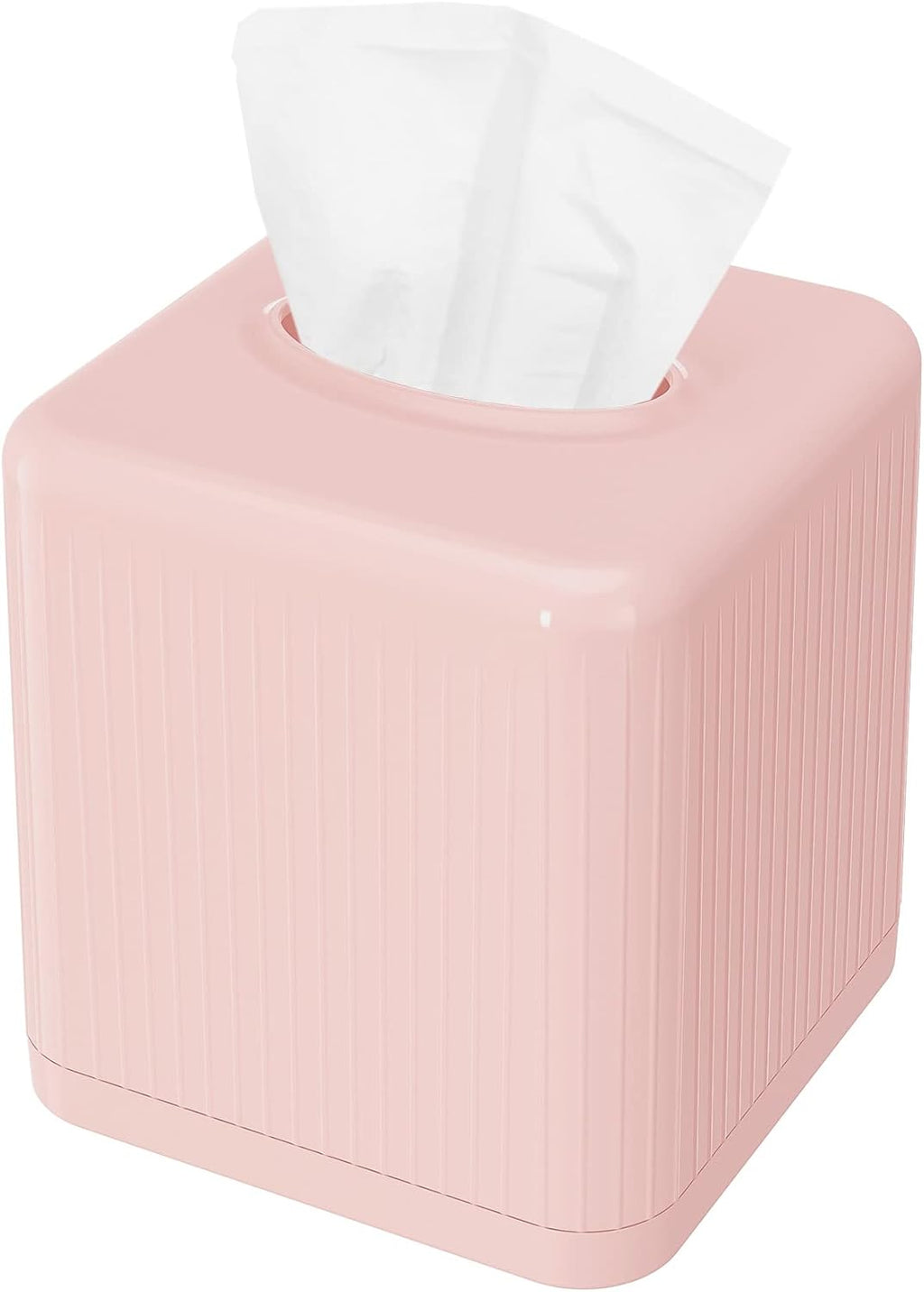 Livelab Tissue Box Cover with Base - Square Plastic Holder, Decorative Case, Modern Facial Paper Dispenser for Bathroom, Vanity Countertops, Night Stands, Desk - Pink