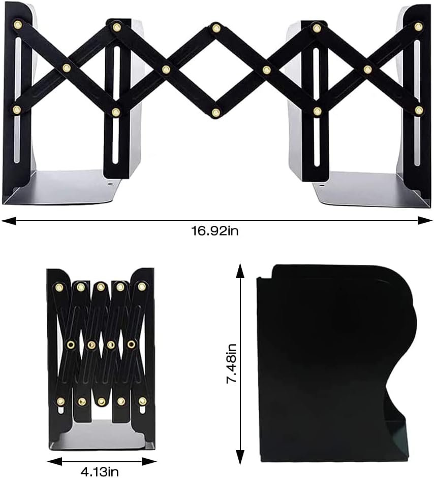 Metal Bookends for Heavy Books, Sturdy Book Stopper to Hold Books Heavy Duty, Adjustable Book Ends for Office & School (Black)