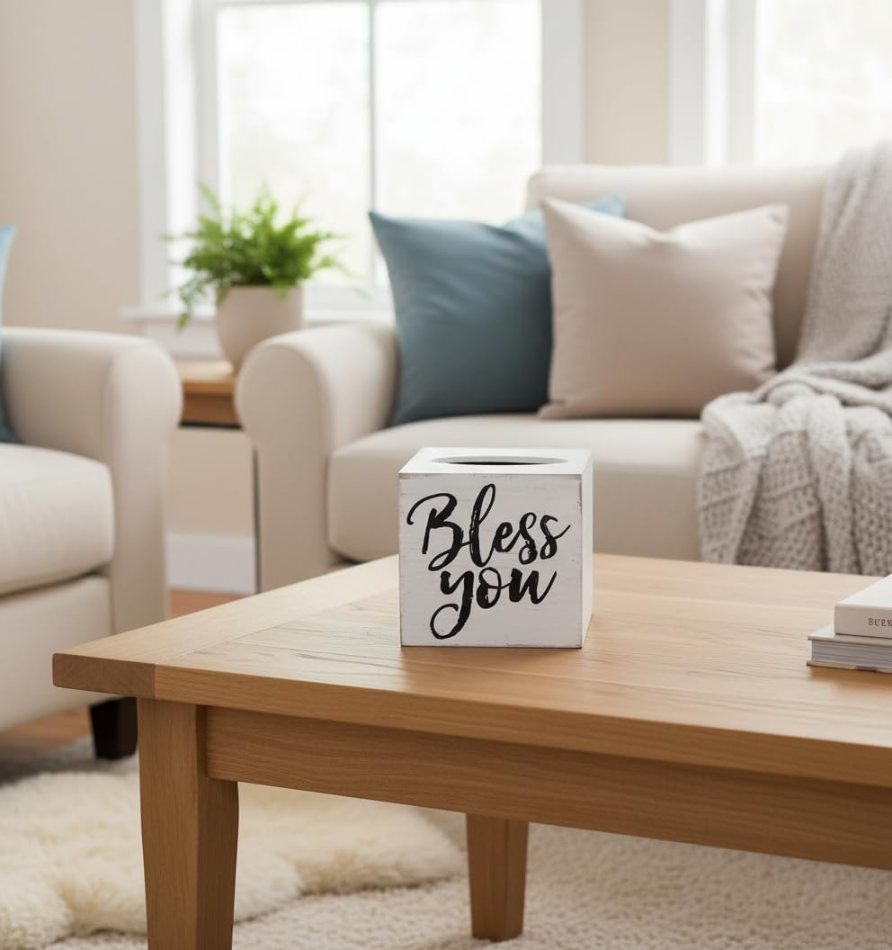 Young's Inc. Wood Bless You Tissue Box Cover - Tissue Holder for Farmhouse Bathroom Decor - Charming Rustic Bathroom Decor - 6" L x 6" W x 6" H