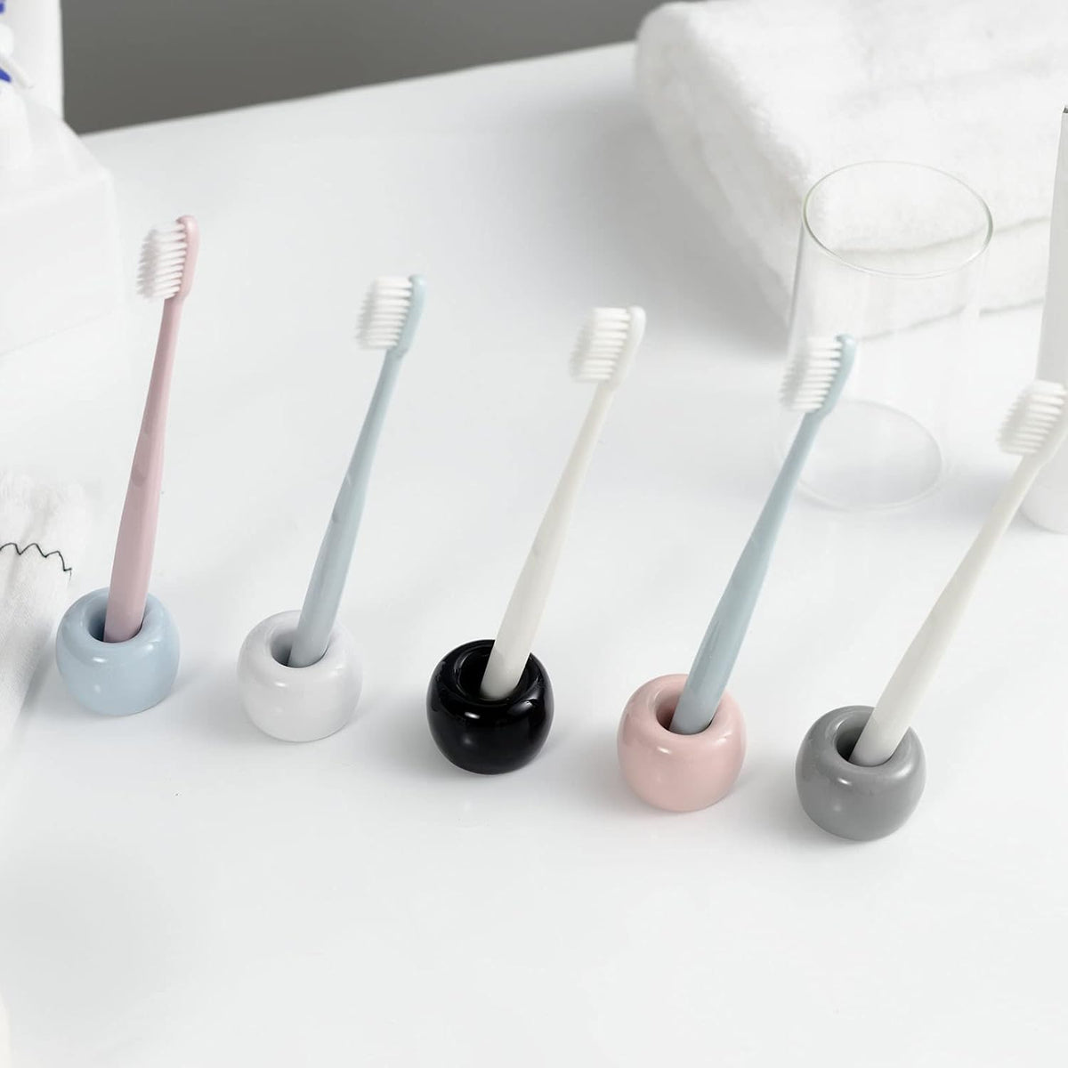 Mini Ceramic Couple Toothbrush Holder, Hand-Made Bathroom Toothbrush Holder, Electric Toothbrush Head Holder and Office Pen Holder 2-Piece Set (Black)