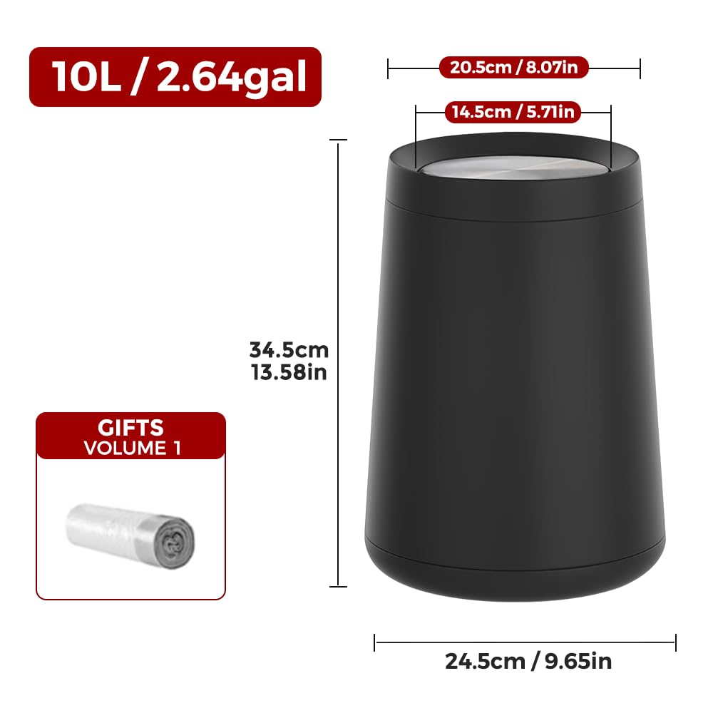 10L/2.6Gal Black Bathroom Trash Can with FILP Lid