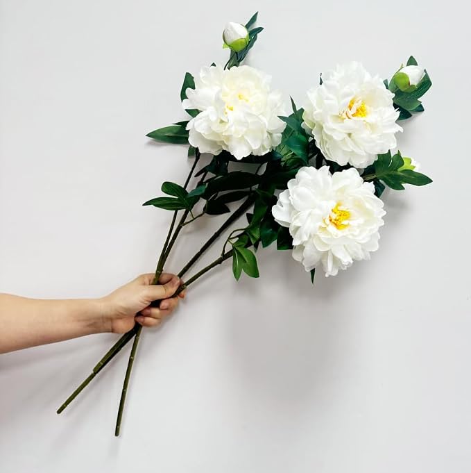 3 Pieces White Peonies Artificial Flowers,27"Silk Flowers with Stems,Winter Flowers Artificial for Decoration,Long Stem Artificial Flowers for Tall Vase,Wedding Table Centerpiece Party Decor(White)