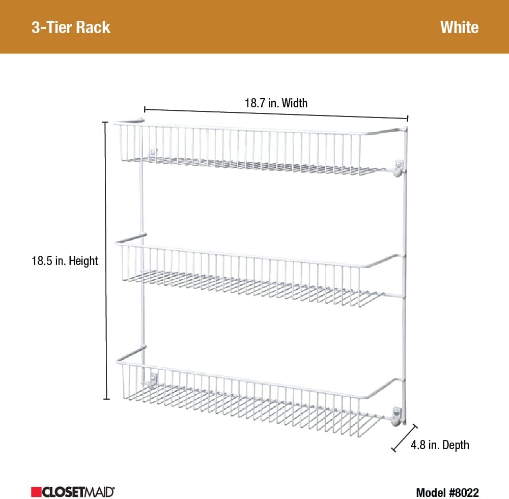 ClosetMaid 3-Tier Hanging Wall Mounted Metal Rack for Spices, Shelf Storage, Pantry Organization, Laundry, Kitchen, Bathroom, White, 8022