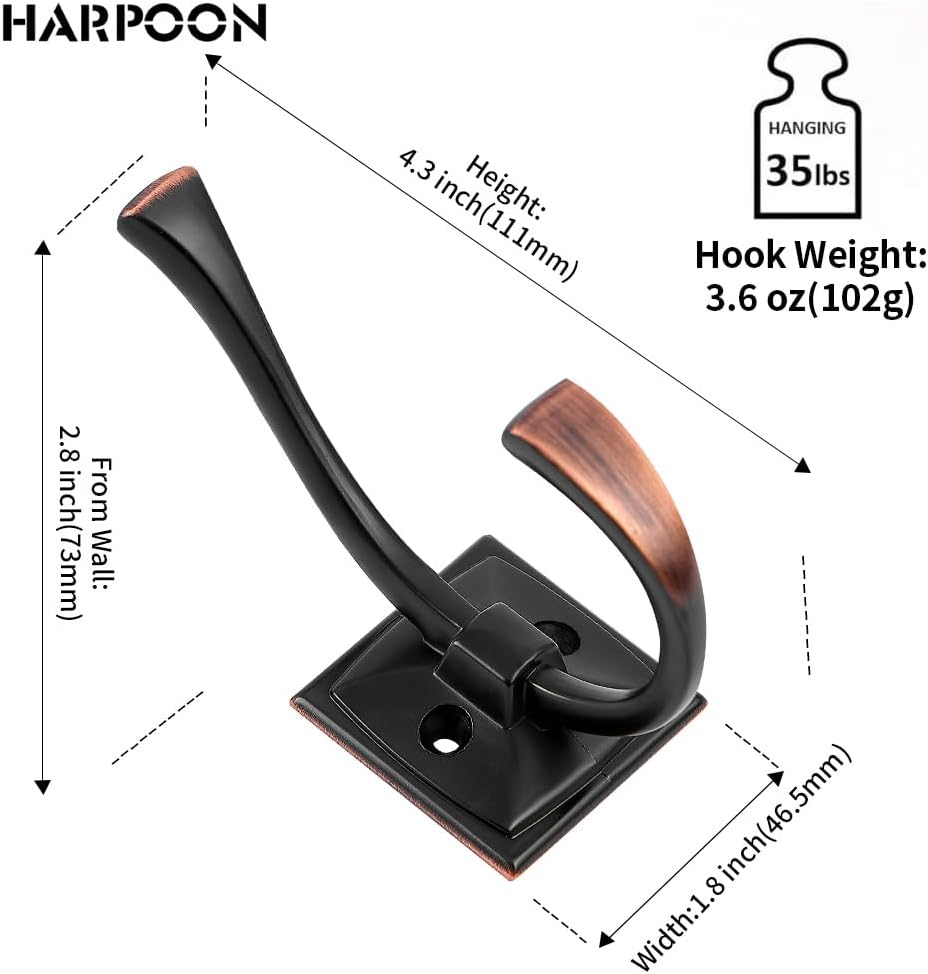 HARPOON 5 Pack 4.3" Double Prong Wall Hooks Oil-Rubbed Bronze Coat Hooks