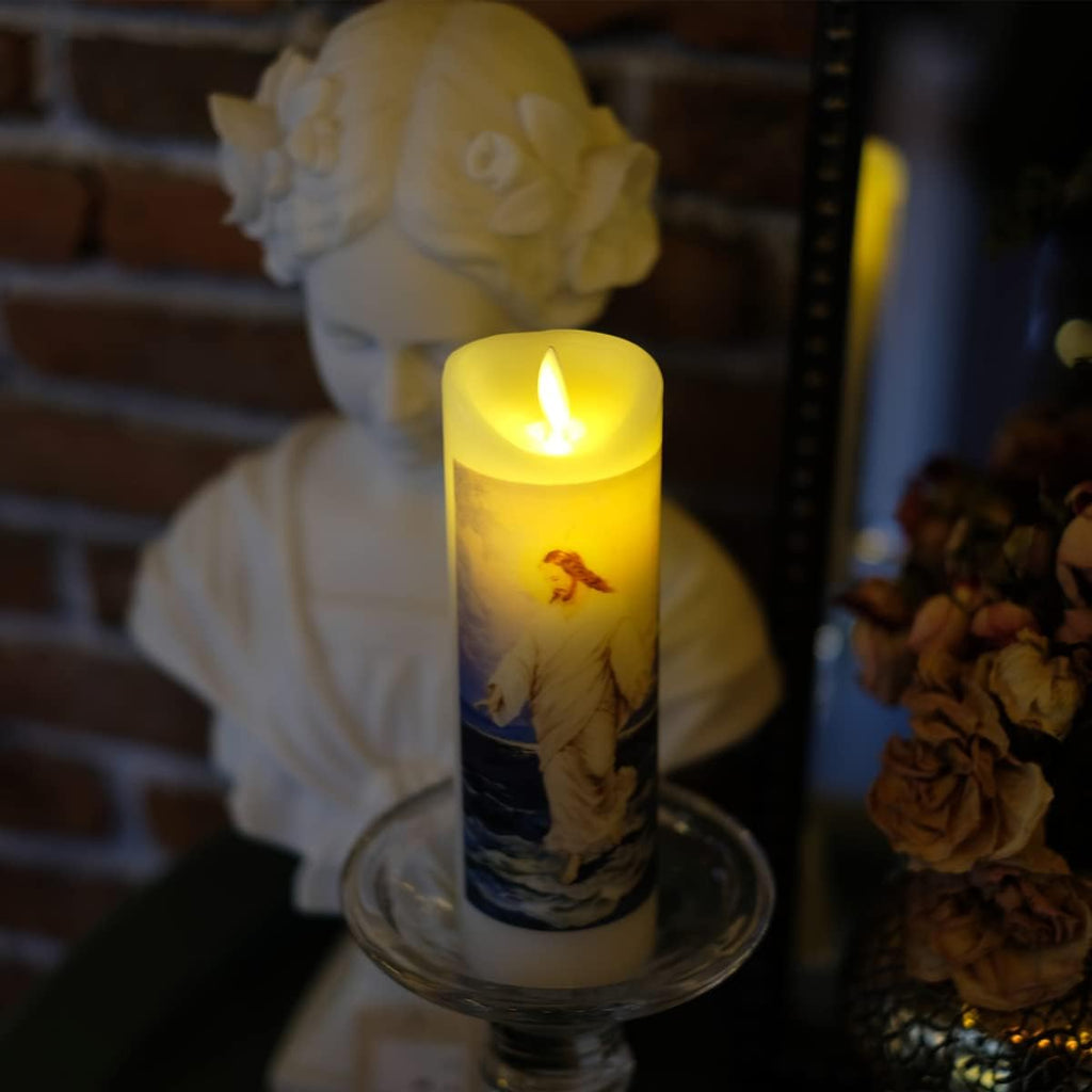 NONNO & ZGF Moving Wick Jesus Flameless Prayer Candle, Real Wax, God Devotion Bright Flickering Candles with Remote Timer Function, Battery Operated