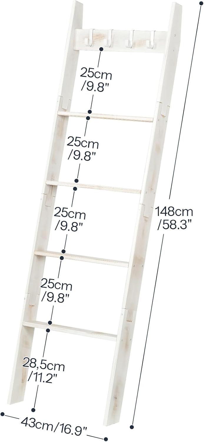 HOOBRO Blanket Ladder for Living Room and Bedroom, 5-Tier Wall Leaning Towel Rack for Bathroom, Decorative Ladder Shelf with 4 Removable Hooks, Farmhouse Blanket Storage, White WW51CJ01G1
