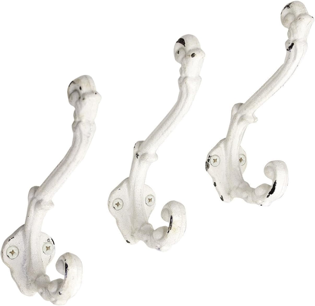 The Metal Magician Wall Mounted Antique Cast Iron Vintage Style Wall Hooks for Coats, Bags, Towels, Hats - (Set of 3) Distressed White