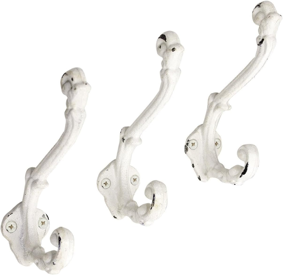 The Metal Magician Wall Mounted Antique Cast Iron Vintage Style Wall Hooks for Coats, Bags, Towels, Hats - (Set of 3) Distressed White