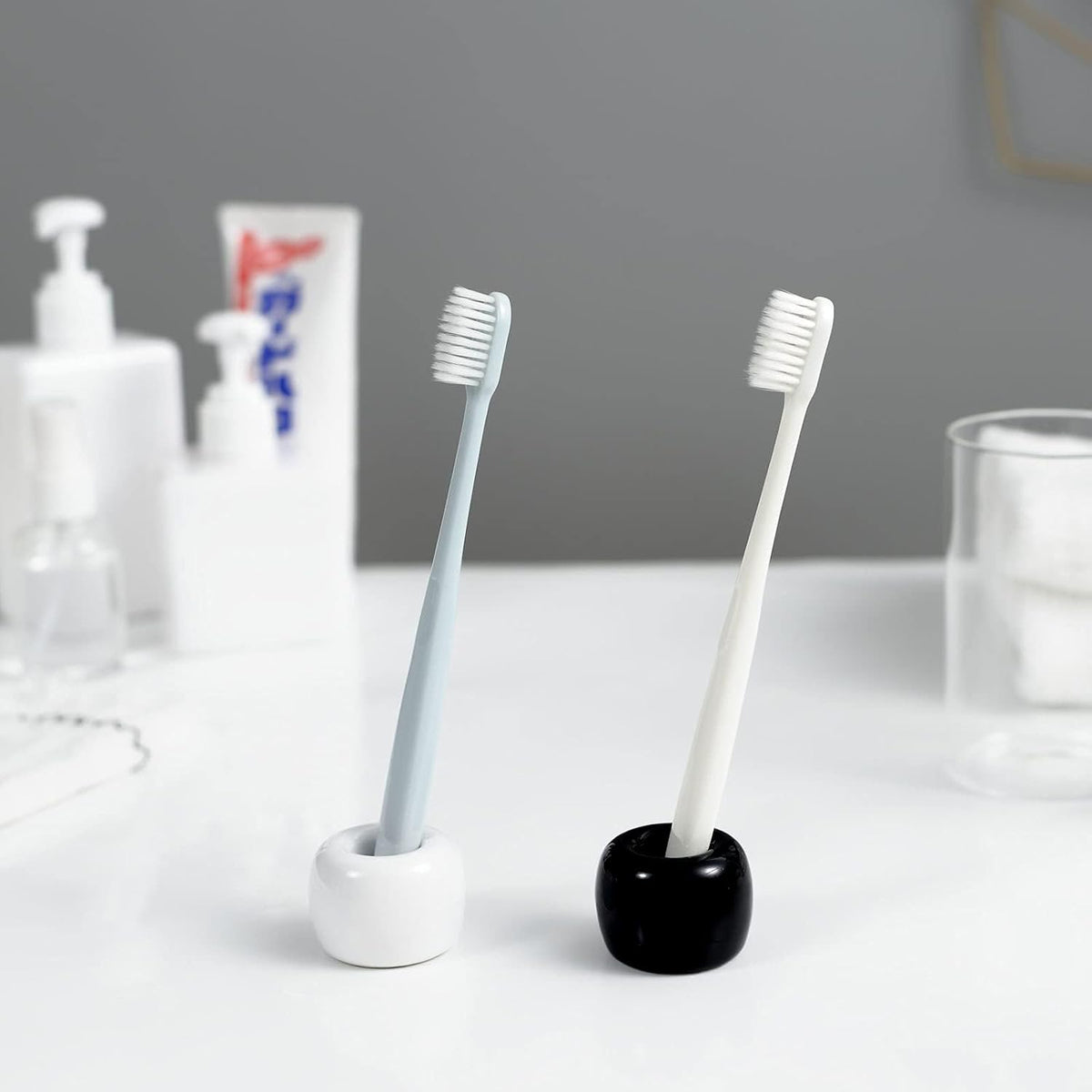 Mini Ceramics Toothbrush Holder Stand for Bathroom Vanity Countertop, Handmade Couple Toothbrush Head Holder, Shaver Holder and Office Pen Holder, Black&White, Pack of 2