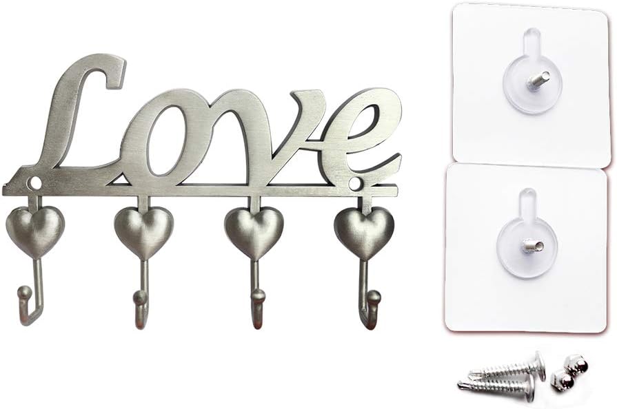 Myartte Key Holder- Key Hooks Decorative for Wall Decorative Zinc Alloy Key Organizer Rack with 4 Hooks -with Screws and Sticker (Antique Sliver Love)