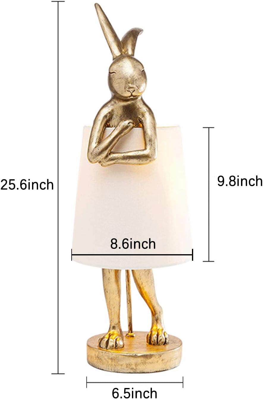 NorDiem Cute Rabbit Animal Table Lamp,Big Size 25.6", Gold Resin Bunny Decor LED Desk Light,White Linen Shade,Home Eye Protection Lamp Office Study Bedside Small Bunny Light (25.6" White Shade)