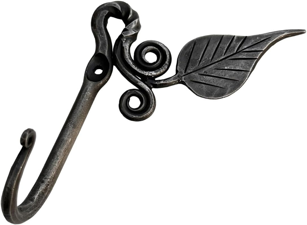 Living Ideas Hand Forged Metal Leaf Hook Wrought Iron Handmade Wall Mounted Rustic Hook for Plant, Mug & Hat Blacksmith Farmhouse Decor Coat Hook Rack Antique Finish Heavy Duty Kitchen Towel Hooks