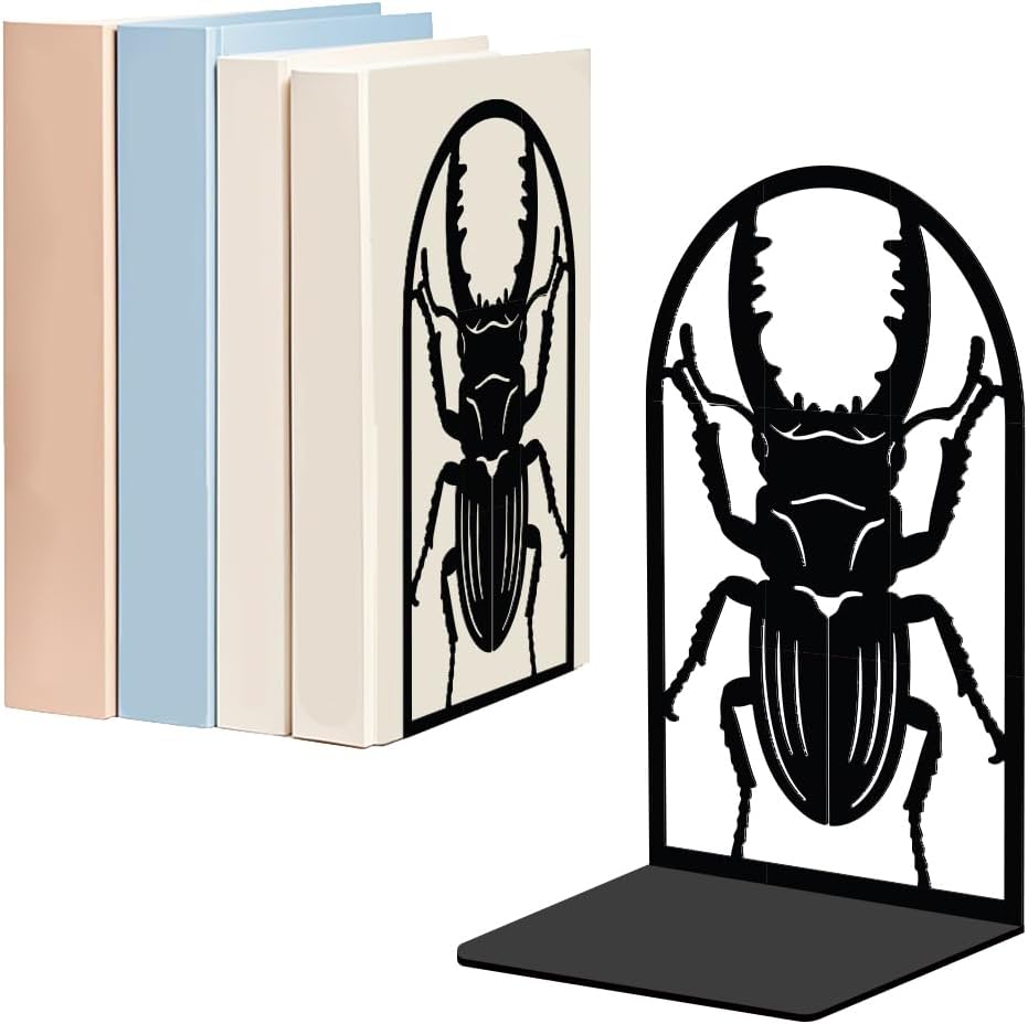 WADORN 1 Pair Scarab Metal Decorative Bookend for Shelves, Heavy Duty Book Ends Modern Non-Skid Books Holder Stand Black Book Support Stoppers for Office Desk Bookshelf, 5.3x4.3x7.8 Inch