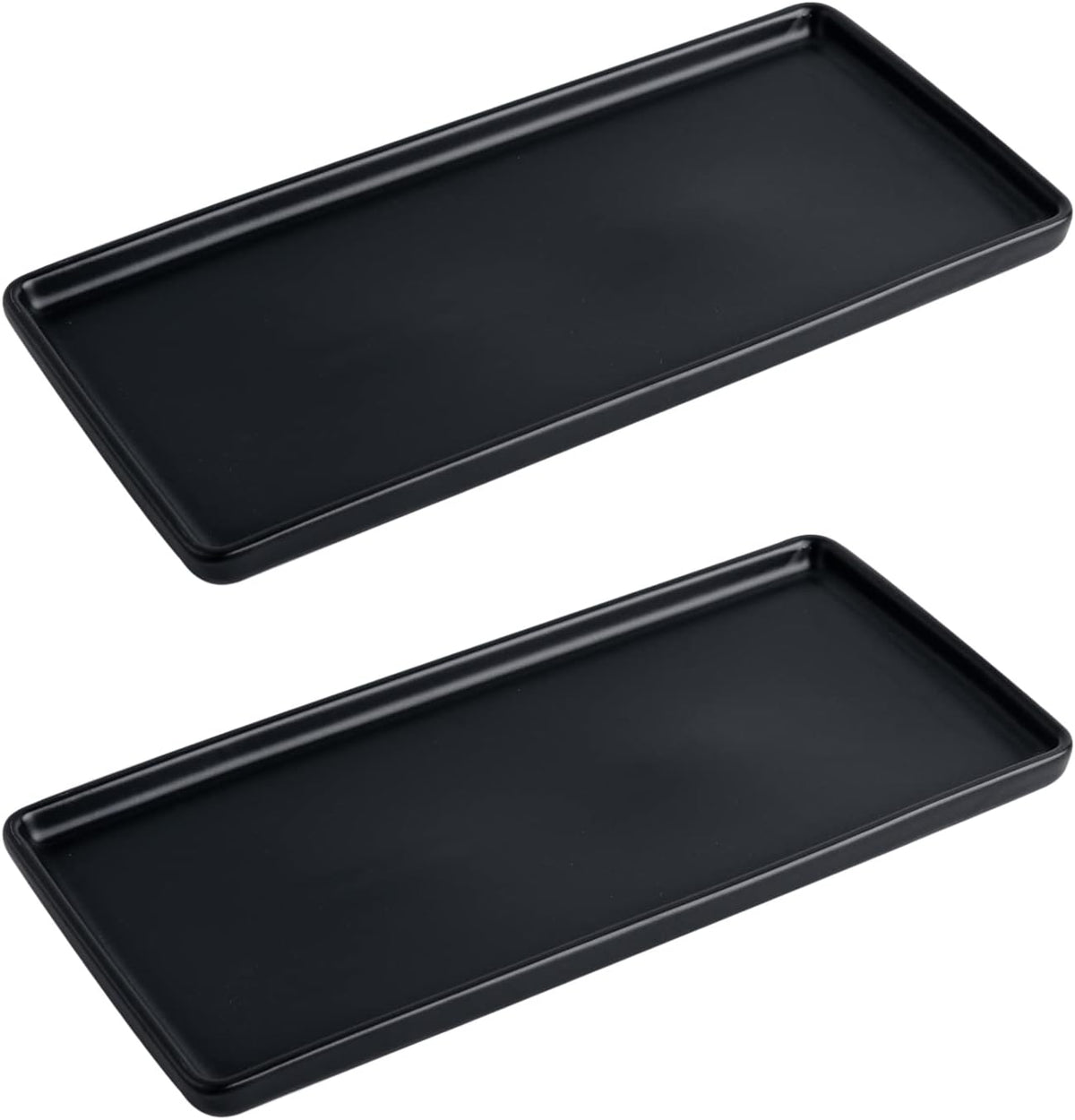 Ceramic Bathroom Tray, Modern Countertop Vanity Organizer, Porcelain Rectangular Soap & Perfume Tray, Water-Resistant Dresser Jewelry Dish, 10",Black, 2 Pack