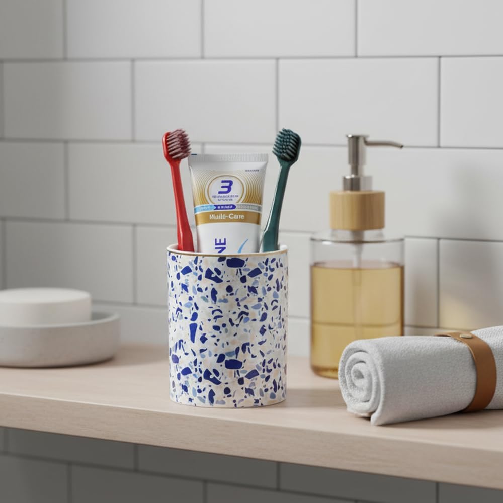 Ceramic Toothbrush Holder Toothpaste Holders, Cute Bathroom Tumbler Cups Reusable,Checkered Bathroom Counter Decor Organizer, Makeup Brush Holder,Pen Holder (Terrazzo)