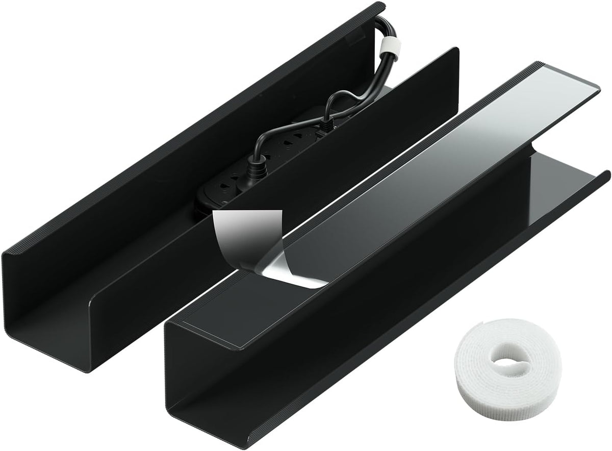 2 Pack No-Screw Cable Management Under Desk, Self-Adhesive Cord Organizer, Wire Management Tray for Office and Home (Black)