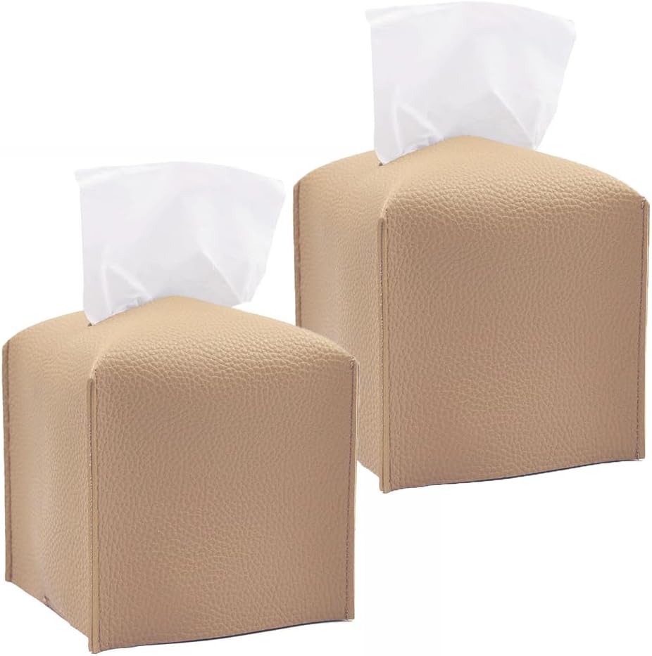 HOMOTEK 2 Pack Tissue Box Cover, Square PU Leather Tissue Holder, Decorative Facial Tissue Cube Paper Organizer Dispenser for Bathroom, Night Stands, Desk, Car 5X5X5'' - Beige, Pebble Grain