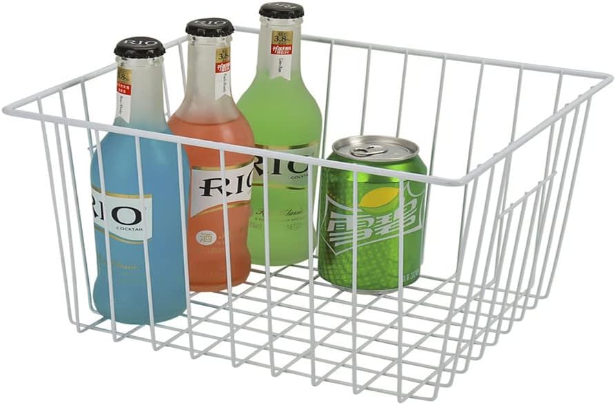 Freezer Organizer Bin, Kitchen Metal Wire Storage Basket, Pantry Cupboard Household Container Divider with Handles, Rustproof - White