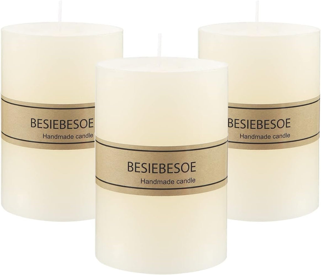 3×4 Ivory Pillar Candles Set of 3 Unscented Handpoured Weddings, Home Decoration, Restaurants, Spa, Church Smokeless Cotton 120 Hour