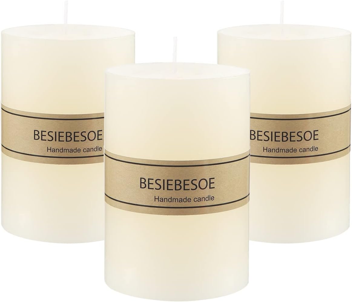 3×4 Ivory Pillar Candles Set of 3 Unscented Handpoured Weddings, Home Decoration, Restaurants, Spa, Church Smokeless Cotton 120 Hour