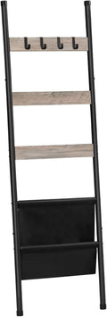 HOOBRO Blanket Ladder, 5 Tier Towel Rack, 17.3" L x 63" H, Wall-Leaning Blanket Rack for Living Room, Decorative Ladder with 4 Hooks and Magazine Pocket, Greige BG32CJ01