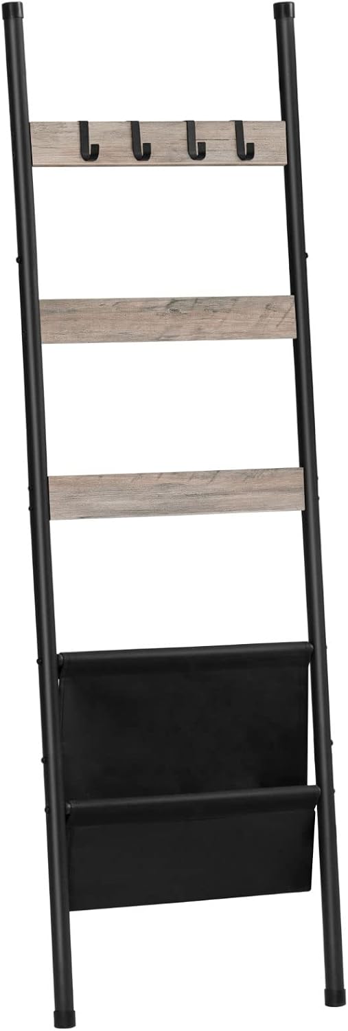 HOOBRO Blanket Ladder, 5 Tier Towel Rack, 17.3" L x 63" H, Wall-Leaning Blanket Rack for Living Room, Decorative Ladder with 4 Hooks and Magazine Pocket, Greige BG32CJ01